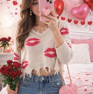 💋 Just Polly New York Lip Print Distressed Crop Sweater – Small